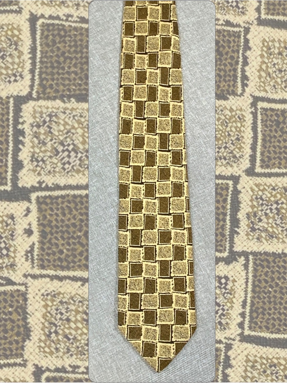 Vintage Crocodile Silk Tie — Olive Gold Mosaic